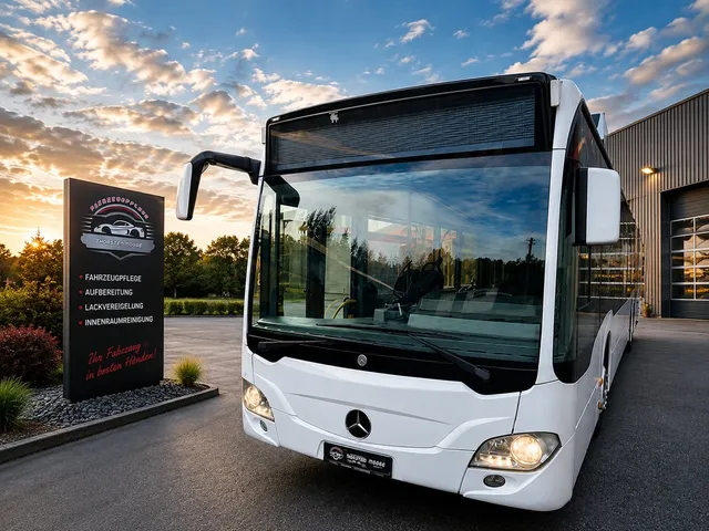 Aufbereiteter Mercedes Citaro Bus vor der Werkstatt in der Abendsonne